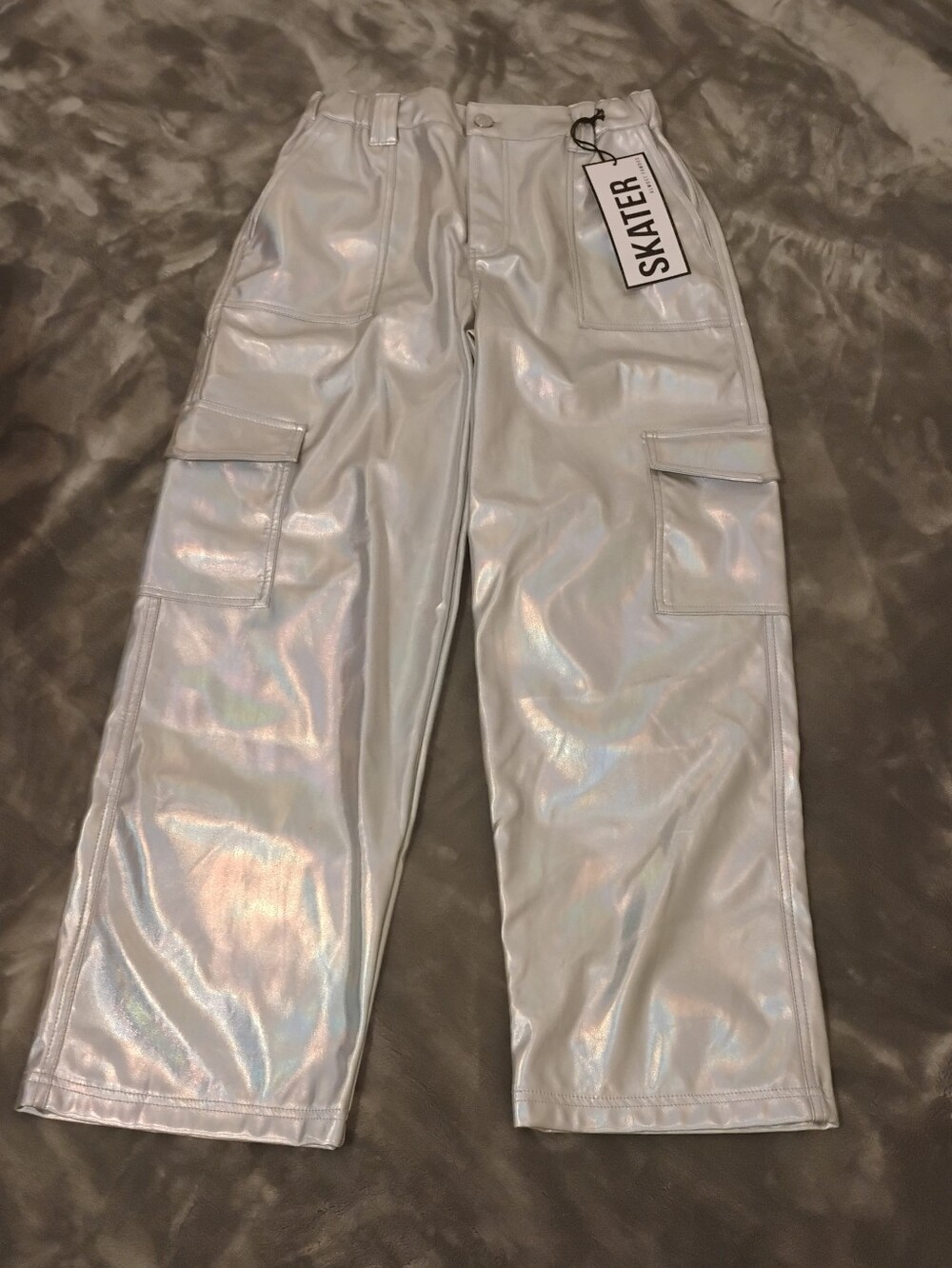 Almost Famous Iridescent Silver Cargo Pants with SKATER Patch